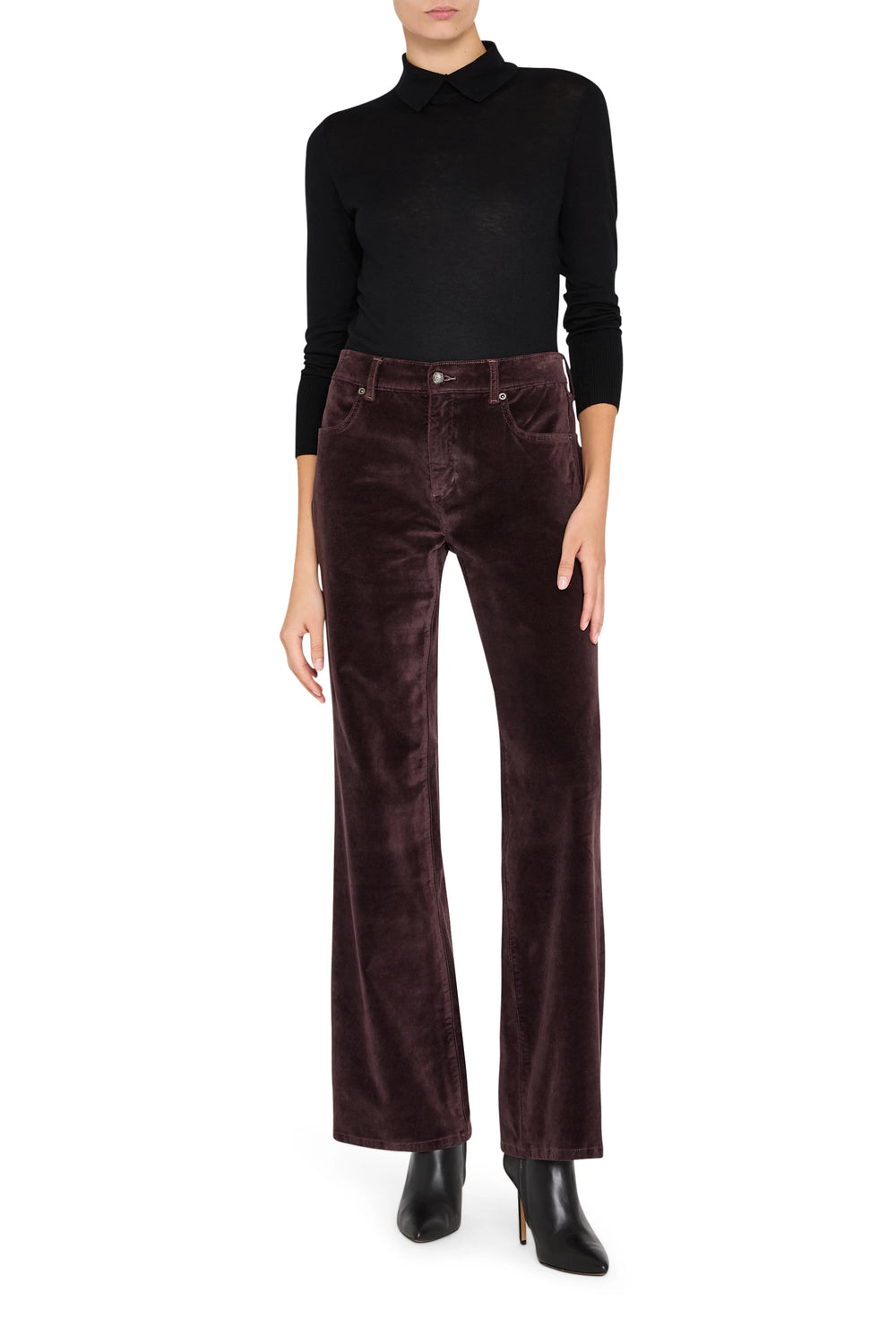 Wide-leg stretch velvet pant with soft drape and washed finish. Front view on white.