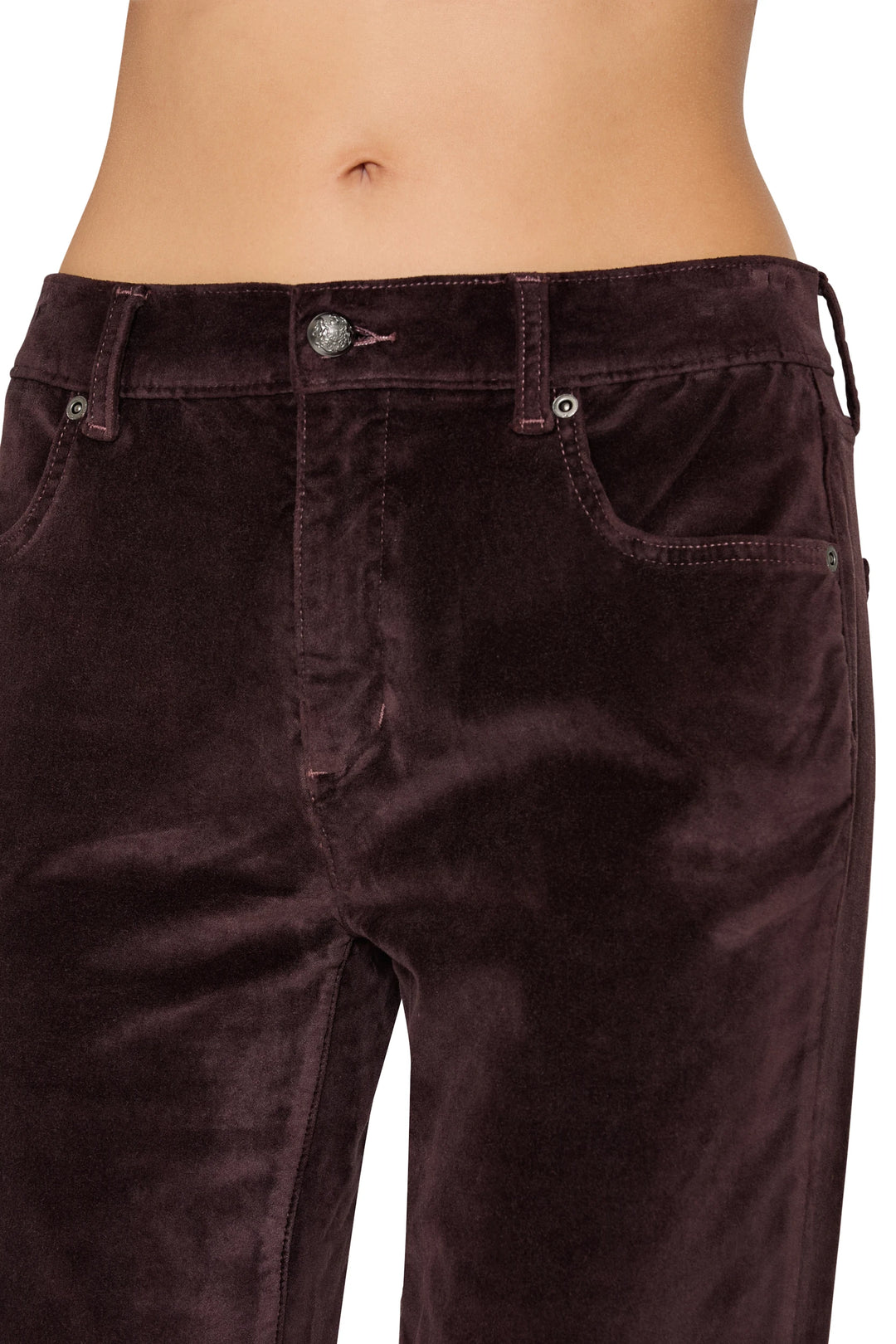 Wide-leg stretch velvet pant with clean waistband and smooth finish, front view on model.