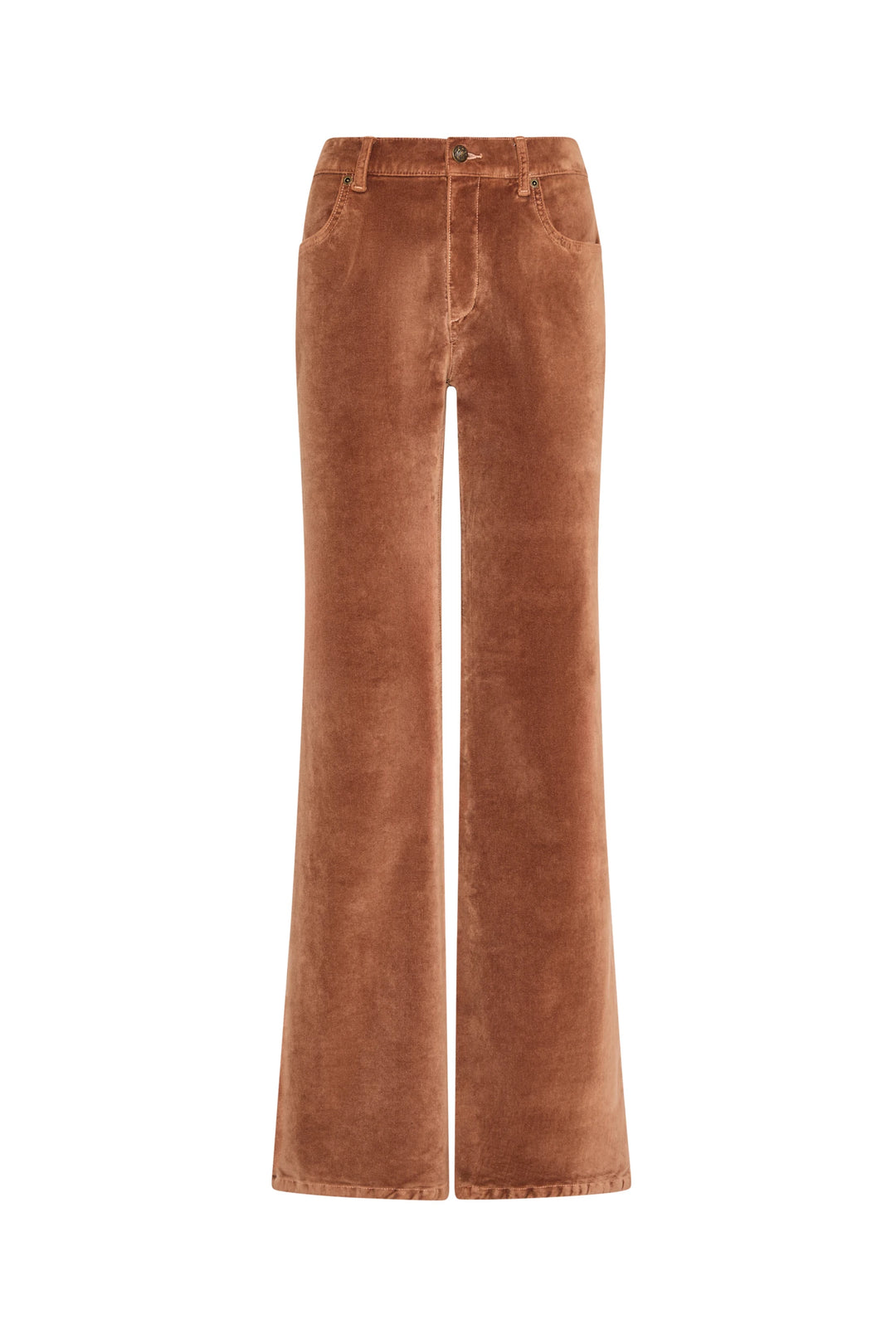 Flared mid-rise stretch velvet pant with front pockets and button closure, clean hem; front view on white.