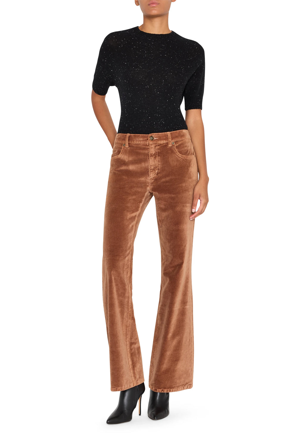 Wide-leg stretch velvet pant with tailored seams and subtle sheen, front view on white.