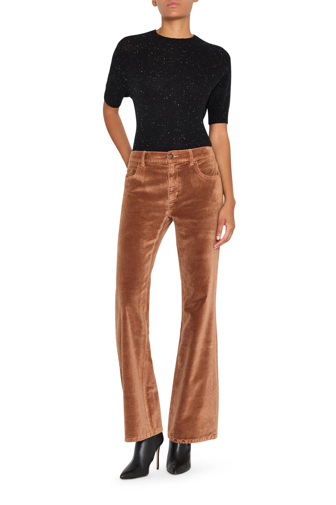 Wide-leg stretch velvet pant with tailored seams and subtle sheen, front view on white.