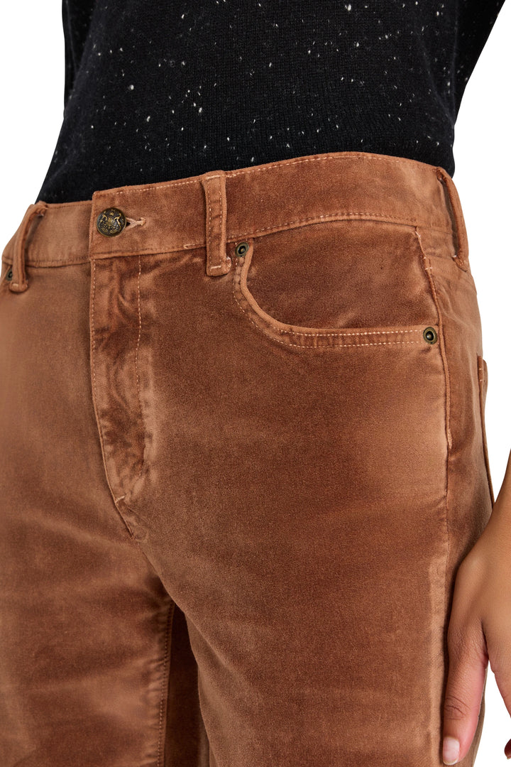 Mid-rise, wide-leg stretch velvet pant with clean finish; soft drape. Front view on model.