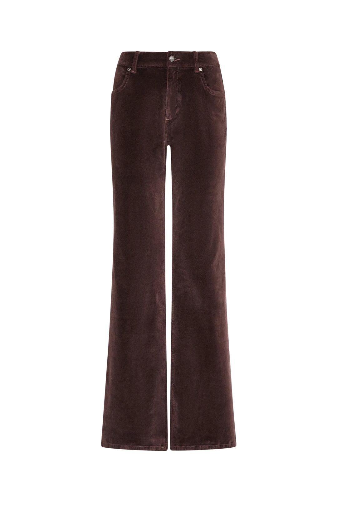 Flare mid-rise velvet pants with front pockets, belt loops, and button closure. Front view on white.