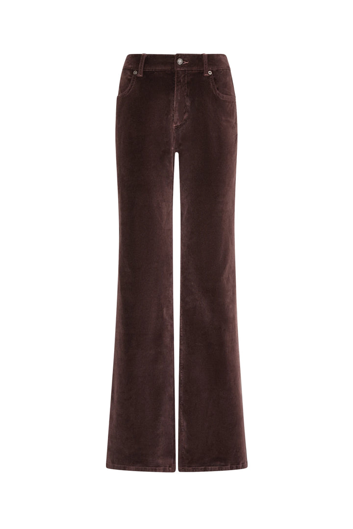 Flare mid-rise velvet pants with front pockets, belt loops, and button closure. Front view on white.