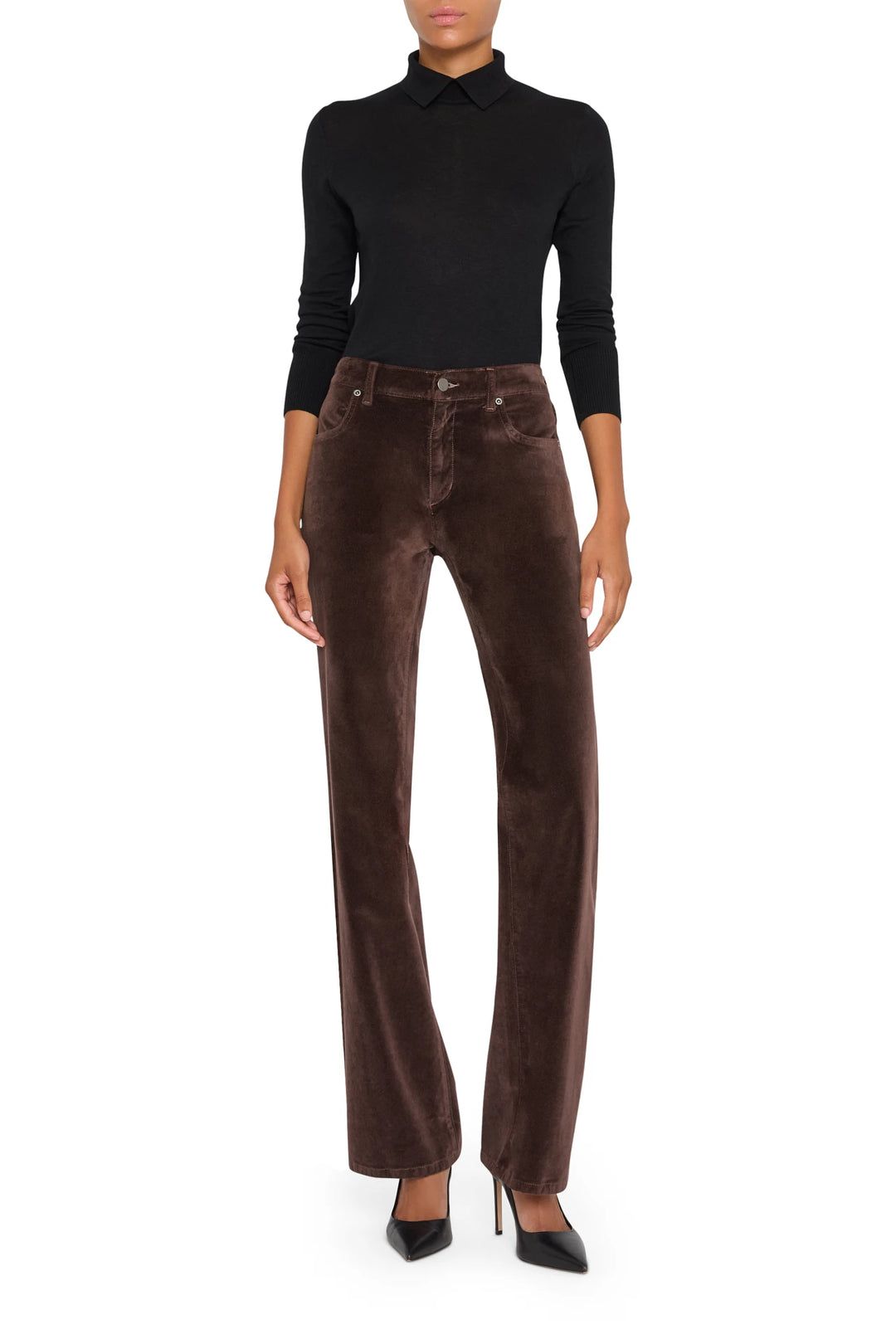 Wide-leg silhouette pant in stretch velvet fabric with tailored waistband, front view on white.