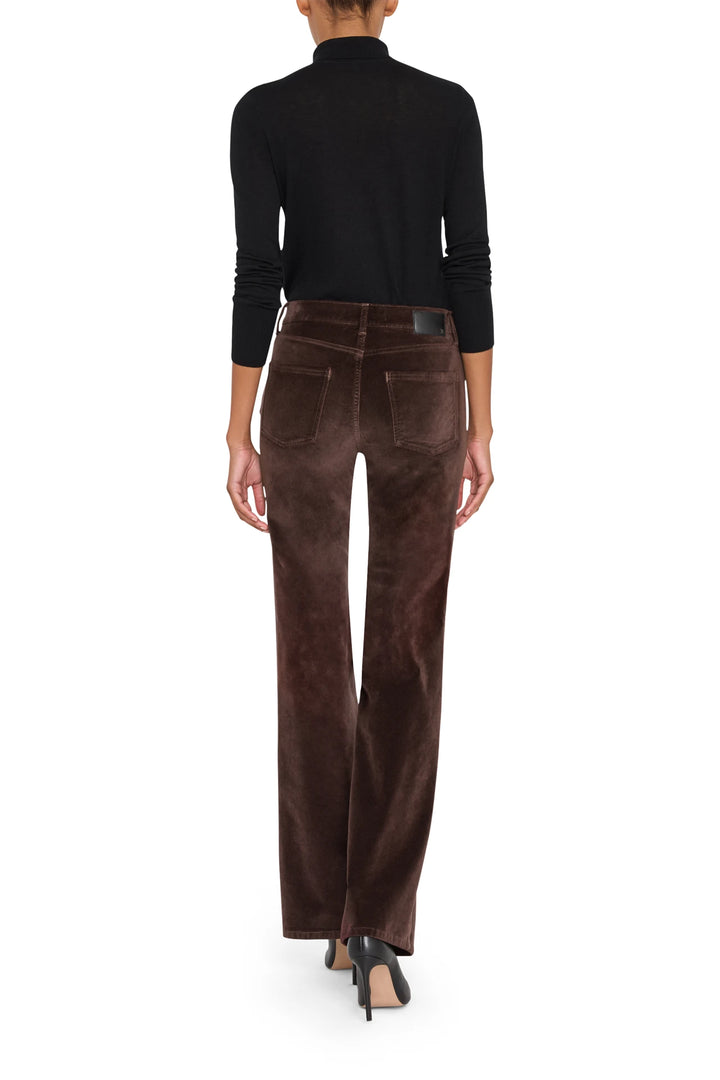 Wide-leg stretch velvet pant with tailored waistband and clean hem, soft drape; back view on model.