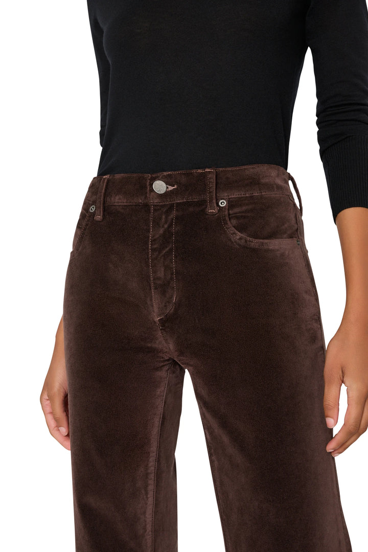 Wide-leg stretch velvet pant with clean waistband and soft drape, front view on model.