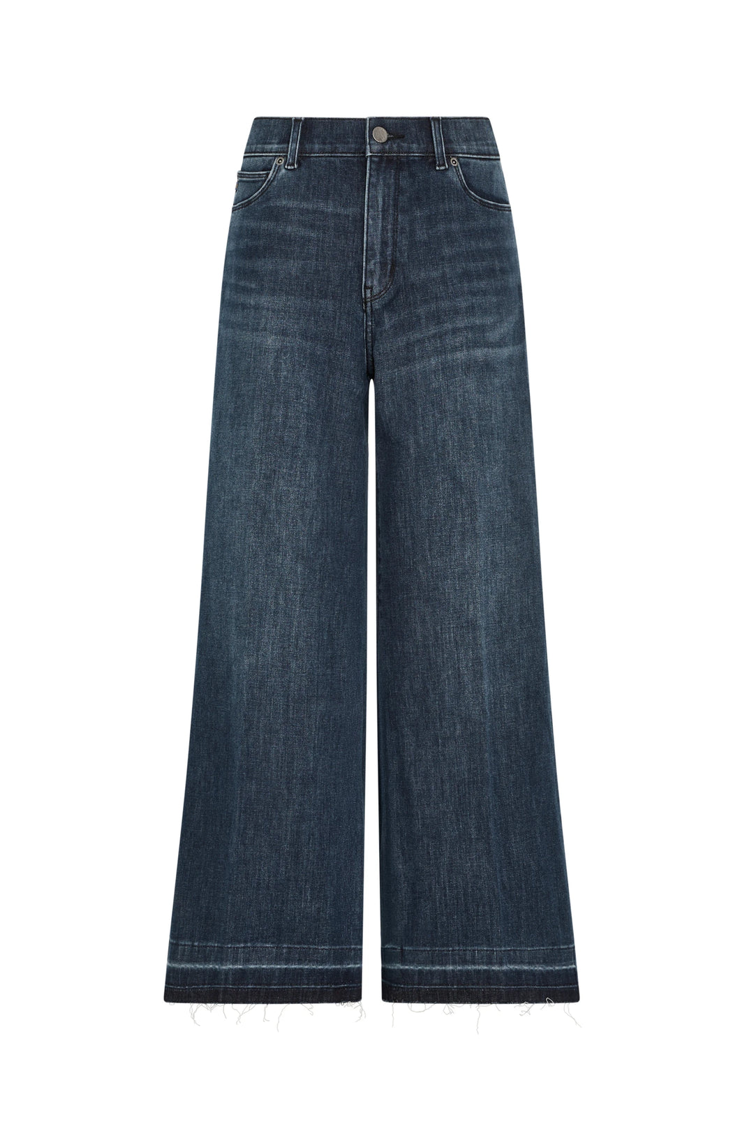 Cropped flare silhouette jean in denim with raw-edge hem, front button, and pockets. Front view on white.