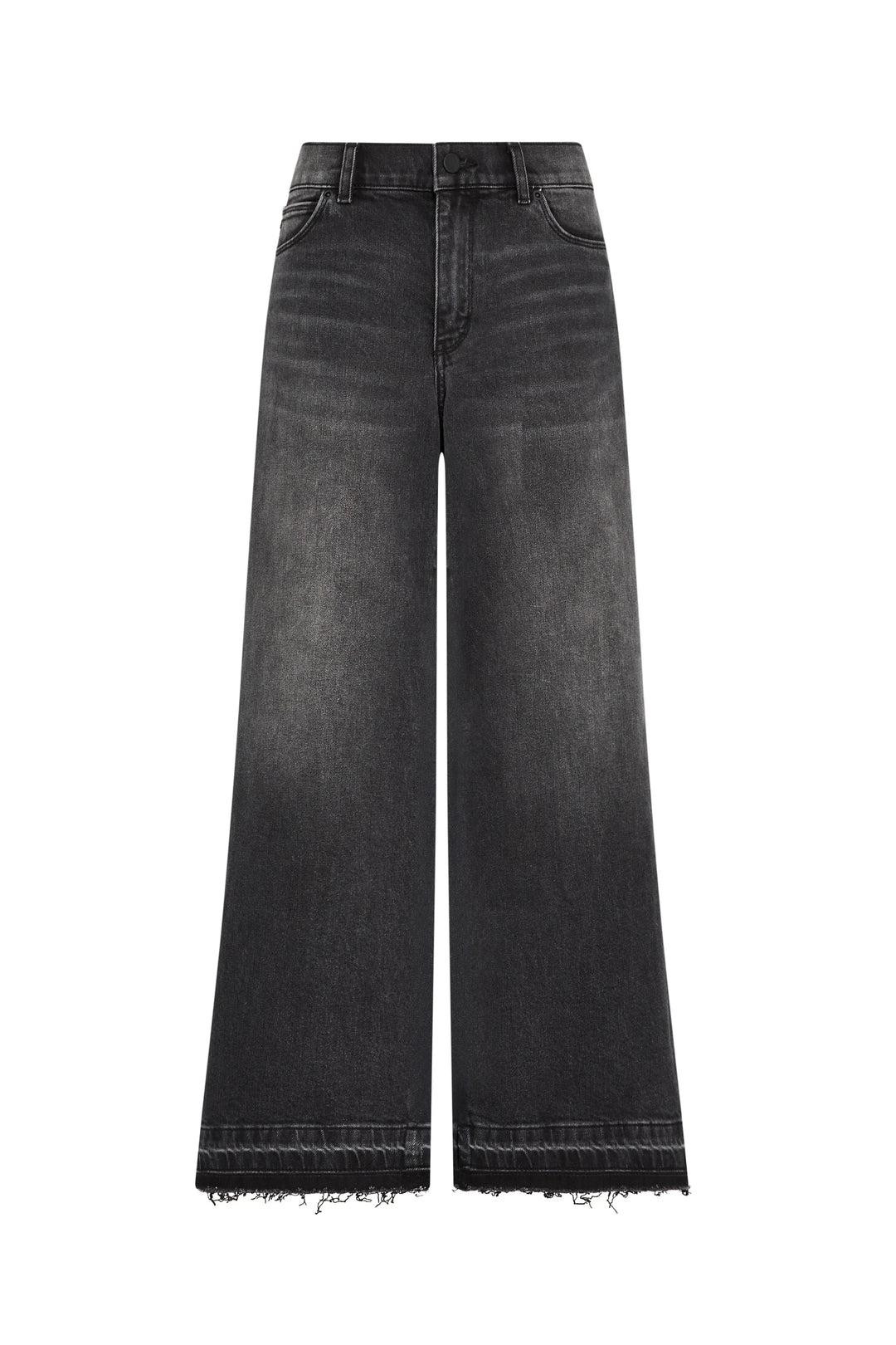 High-waisted cropped flare jean, raw-edge hem, faded wash denim, classic five-pocket construction; front view on white.
