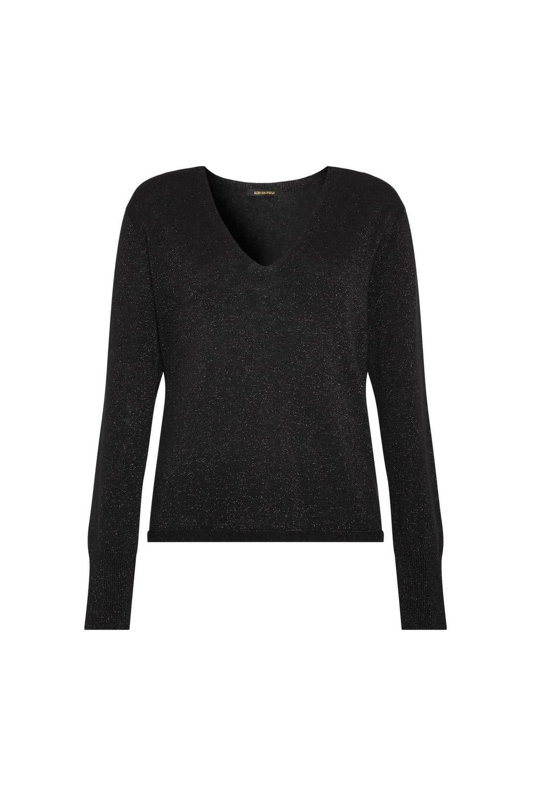 Black V-neck sweater, long sleeves, fine-gauge seamless knit with subtle shimmer, fitted silhouette; front view on white.