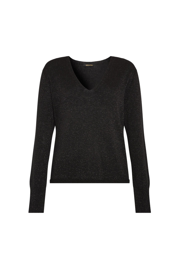 Black V-neck sweater, long sleeves, fine-gauge seamless knit with subtle shimmer, fitted silhouette; front view on white.