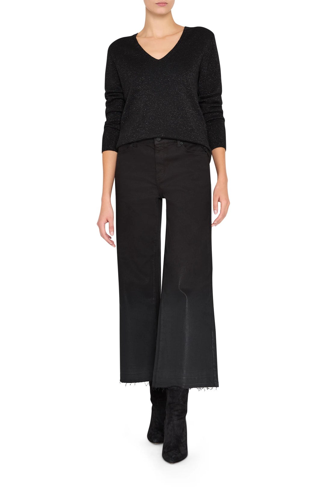 Relaxed-fit black Vinny V-Neck sweater with ribbed cuffs and hem, soft knit texture; front view on model.