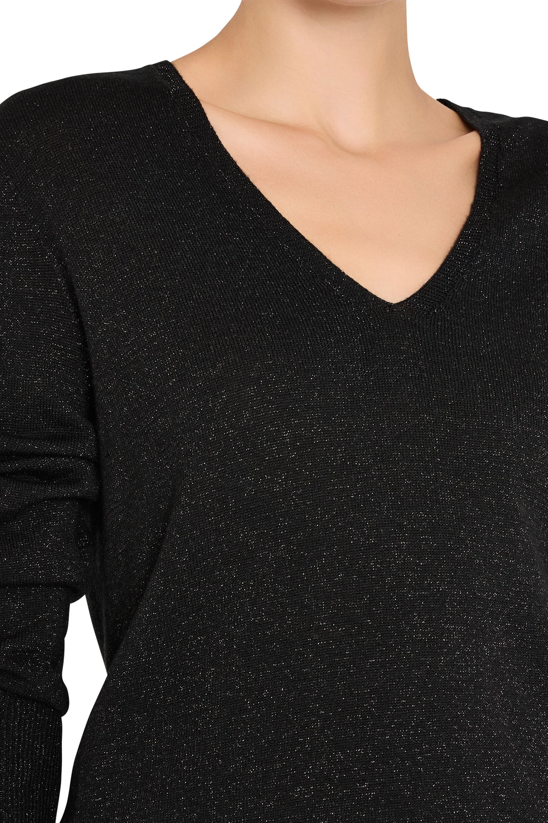 Black V-neck sweater, fine-gauge seamless knit with subtle sparkly threads. Front view on model.