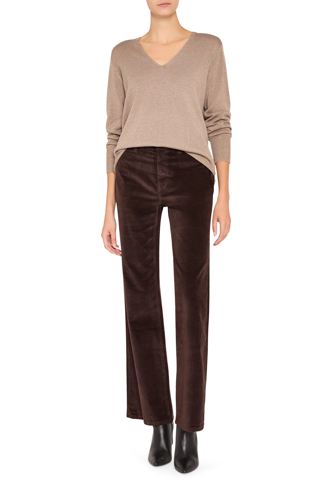 Fine-gauge Vinny V-Neck Sweater with classic silhouette and soft knit fabric; front view on white.