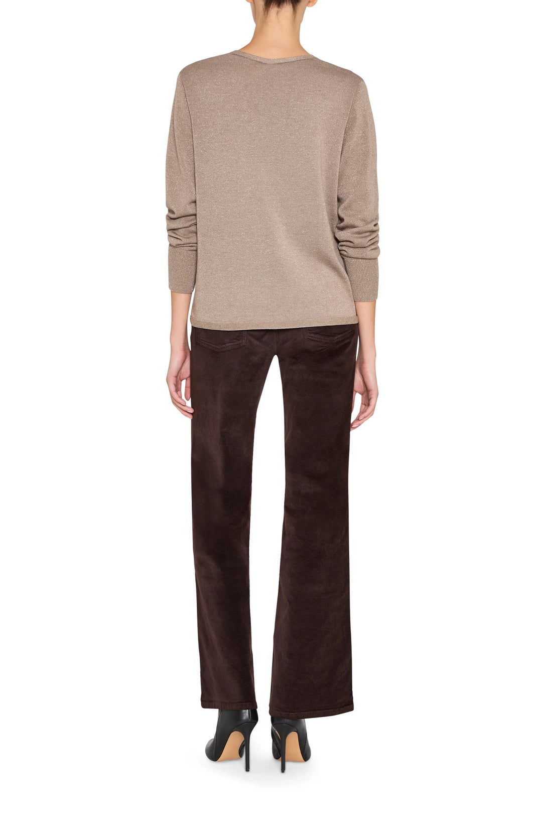 Vinny V-Neck Sweater, relaxed fit, ribbed cuffs and hem, fine knit texture; back view on model.