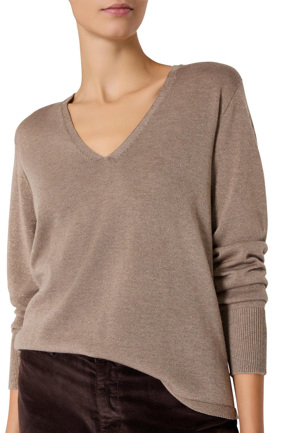 Slim-fit V-neck sweater with long sleeves, lightweight knit, smooth silhouette; front view on model.
