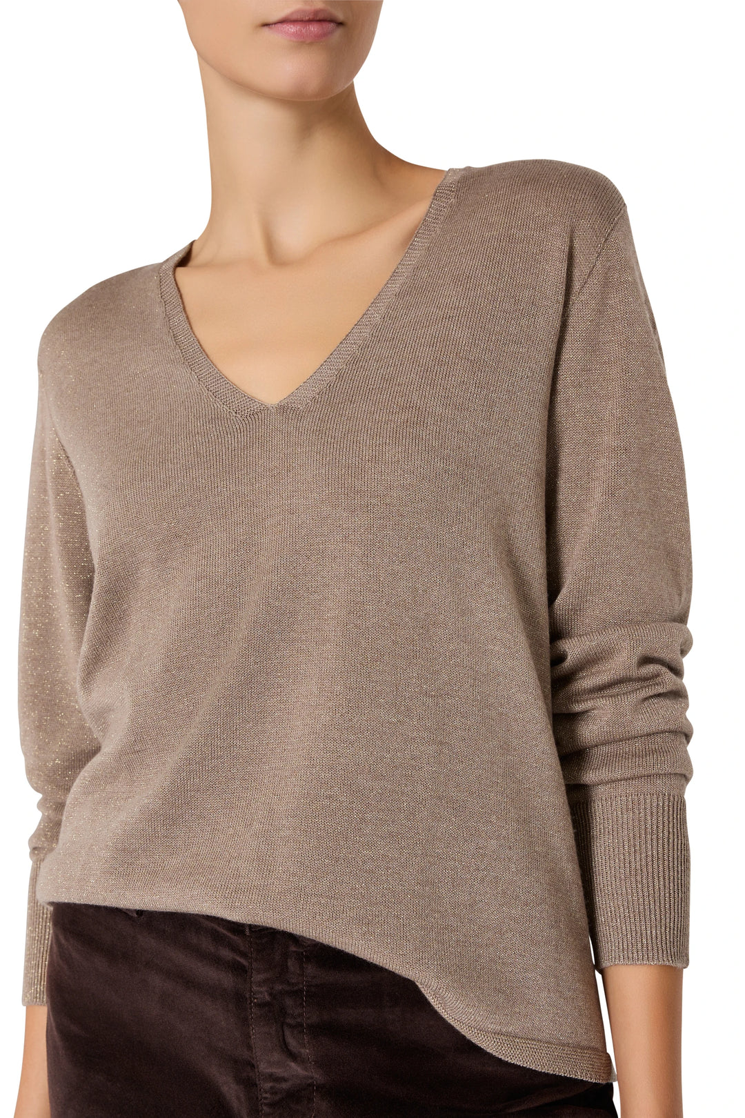 Slim-fit V-neck sweater with long sleeves, lightweight knit, smooth silhouette; front view on model.