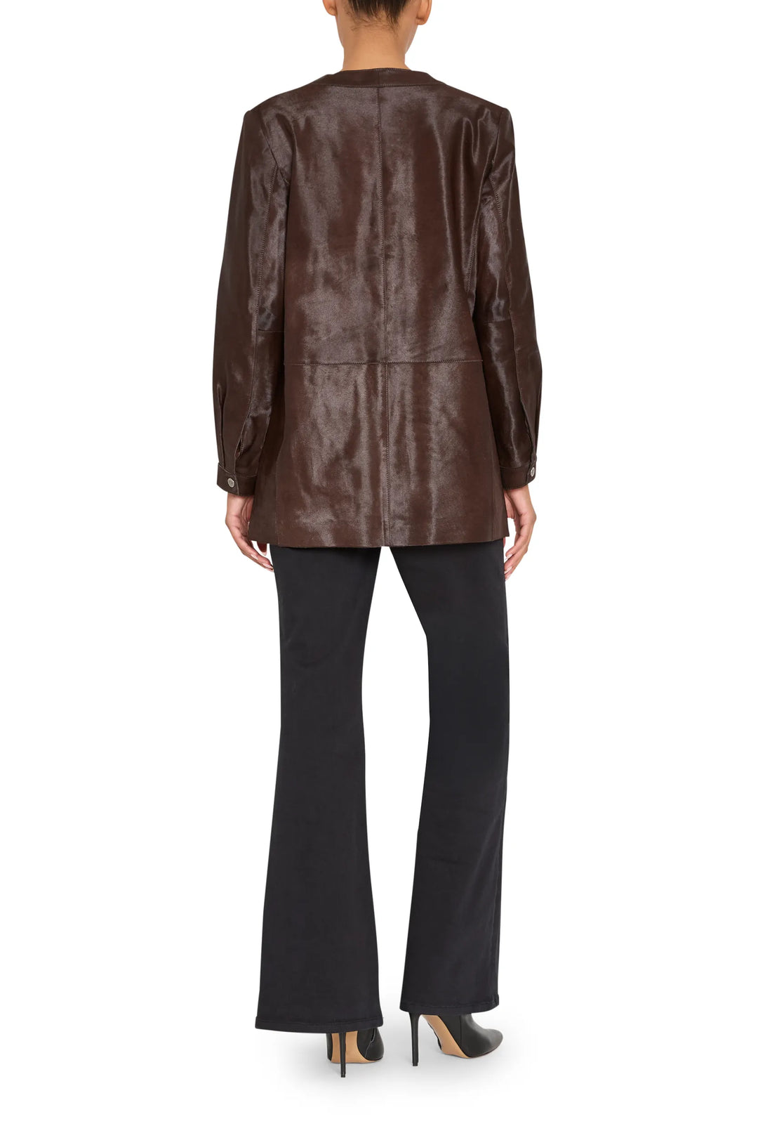 Fitted Lisa Pony Coat with structured silhouette and seam detailing, back view on model.