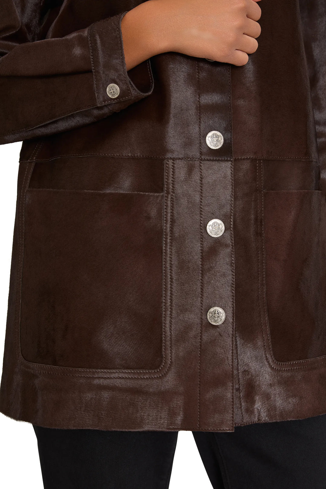 Lisa Pony Coat—brown suede, boxy silhouette, oversized front pockets, silver buttons; front view on model.