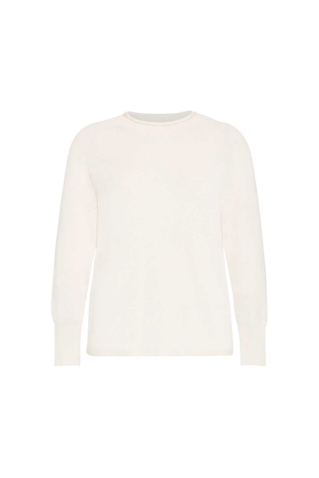 White seamless knit sweater with mock neck, long sleeves, modern straight silhouette; front view on white.