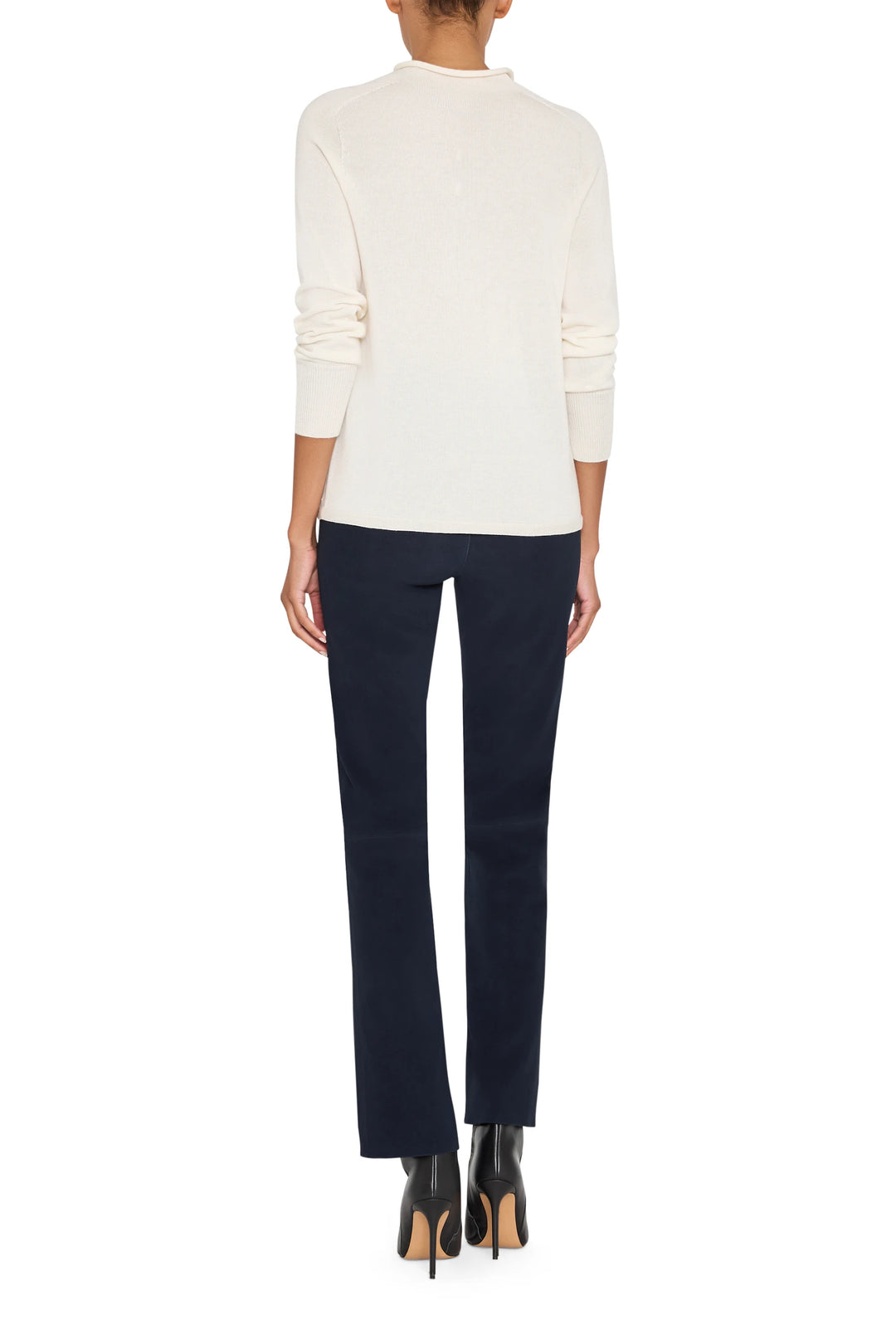 Mock neck sweater with relaxed fit, ribbed cuffs and hem in soft knit; back view on white.