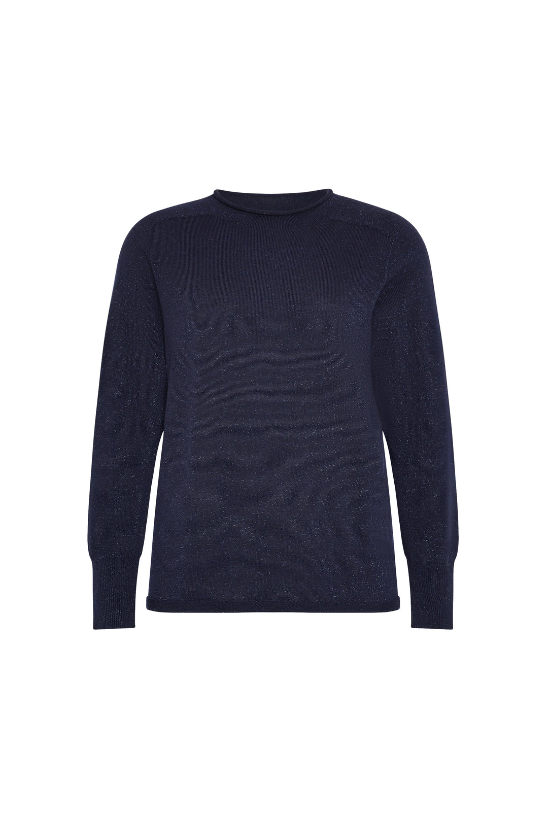 Mock neck sweater with ribbed cuffs, seamless knit construction and minimalist silhouette; front view on white.