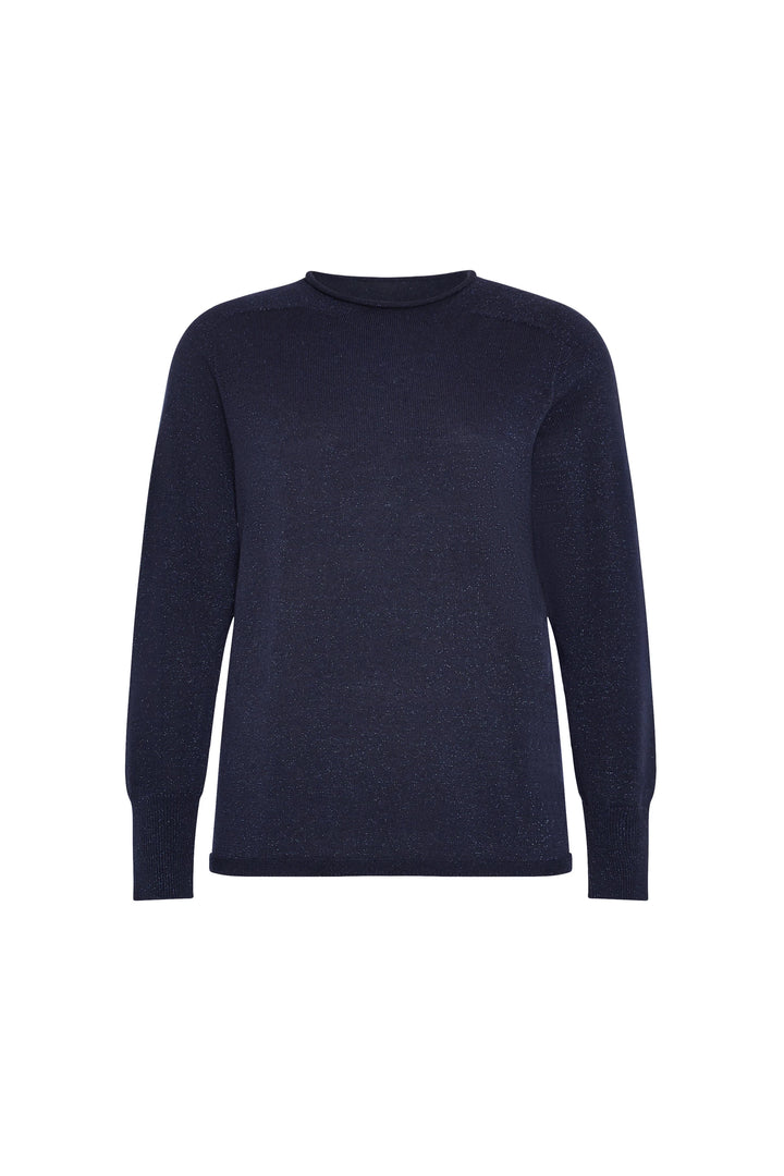 Mock neck sweater with ribbed cuffs, seamless knit construction and minimalist silhouette; front view on white.