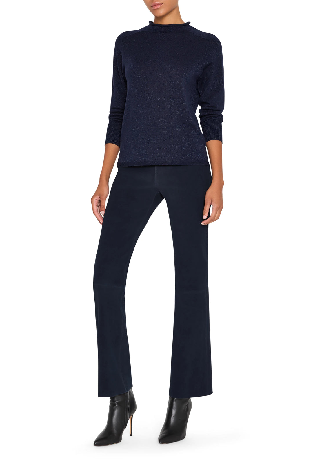 Navy mock neck sweater with relaxed fit, long sleeves, ribbed cuffs and hem. Front view on white.