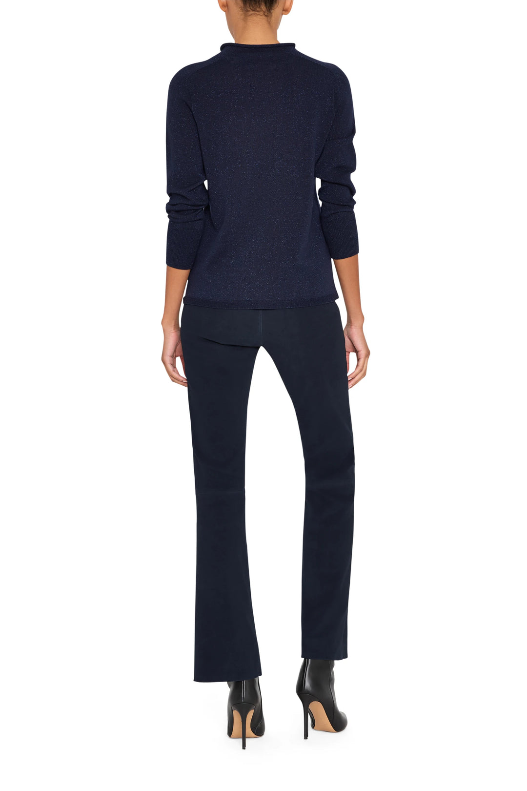 Slim-fit, mock neck sweater with ribbed edges in knit fabric; long sleeves. Back view on white.