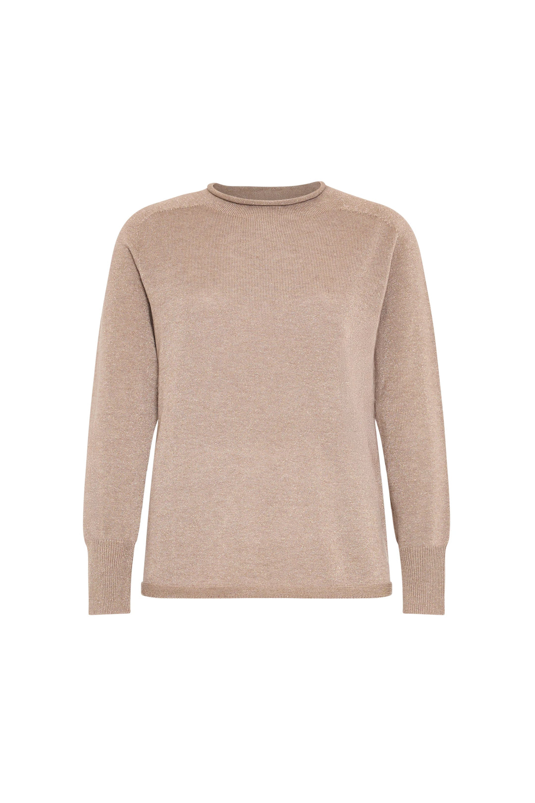 Beige seamless knit sweater with mock neck, ribbed cuffs and hem, refined modern silhouette; front view on white.