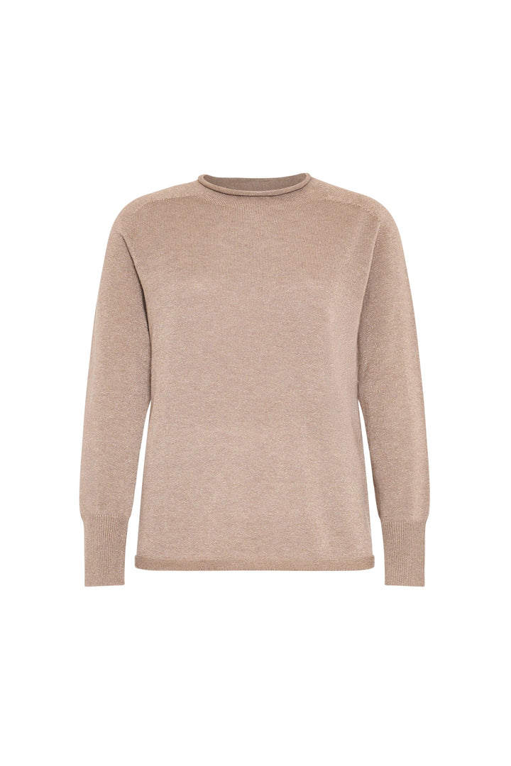 Beige seamless knit sweater with mock neck, ribbed cuffs and hem, refined modern silhouette; front view on white.