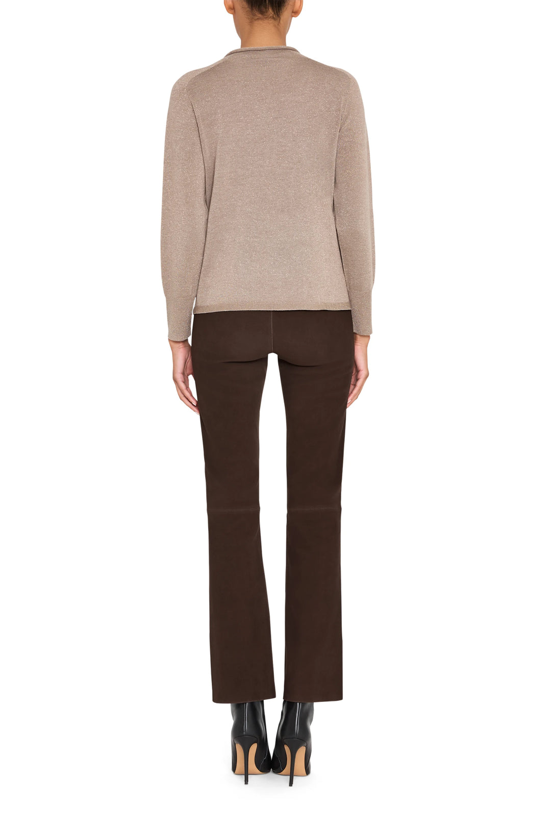 Fitted mock neck sweater with long sleeves and ribbed knit texture, back view on white.