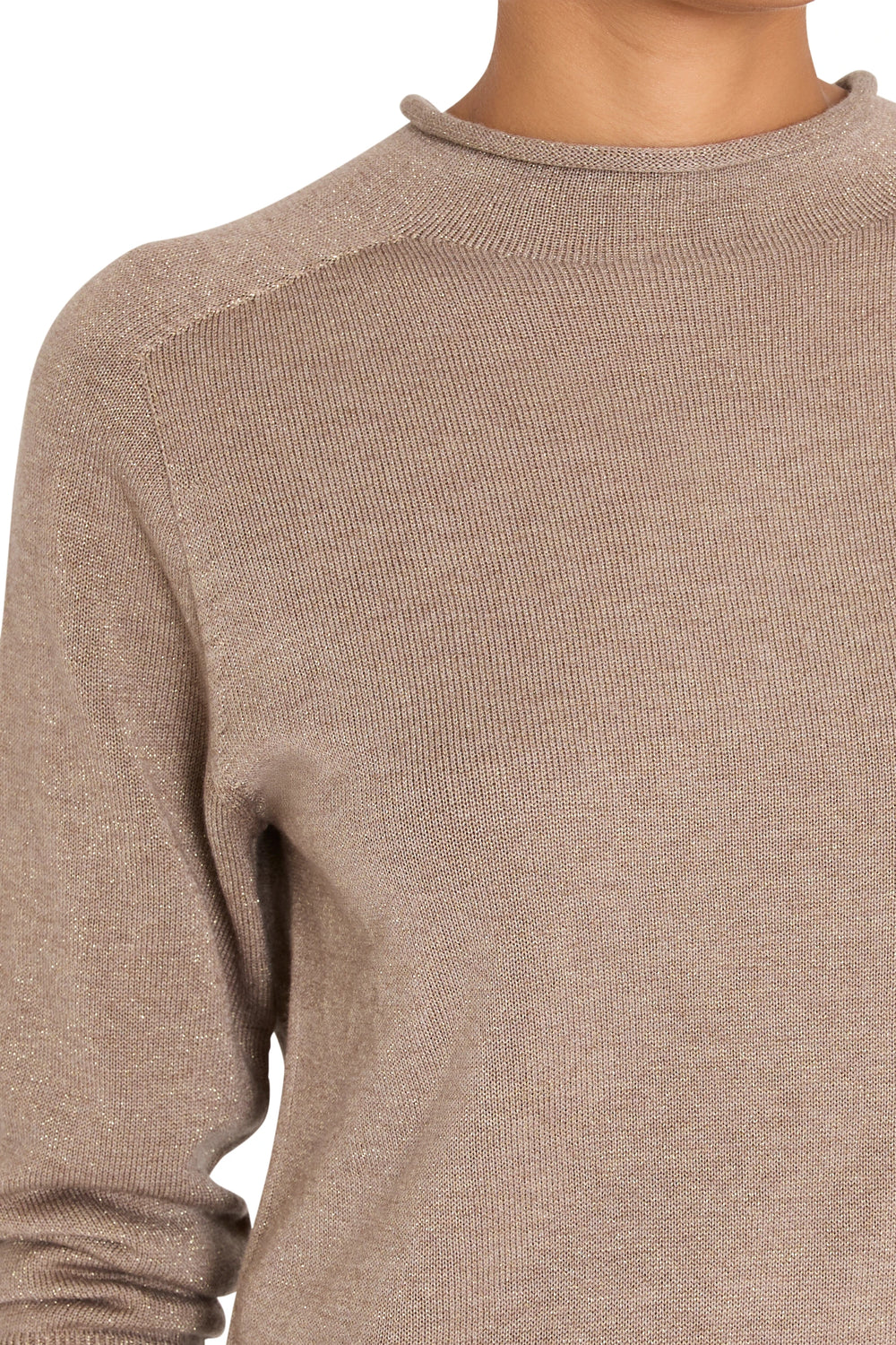 Mock neck sweater in light brown, straight silhouette, ribbed knit construction, front view on model.