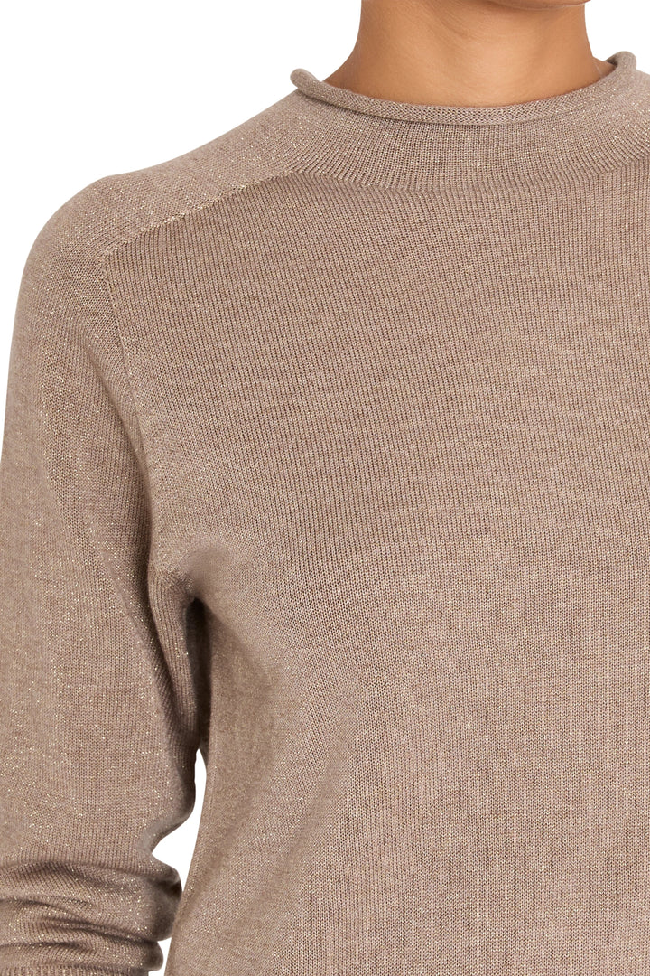 Mock neck sweater in light brown, straight silhouette, ribbed knit construction, front view on model.