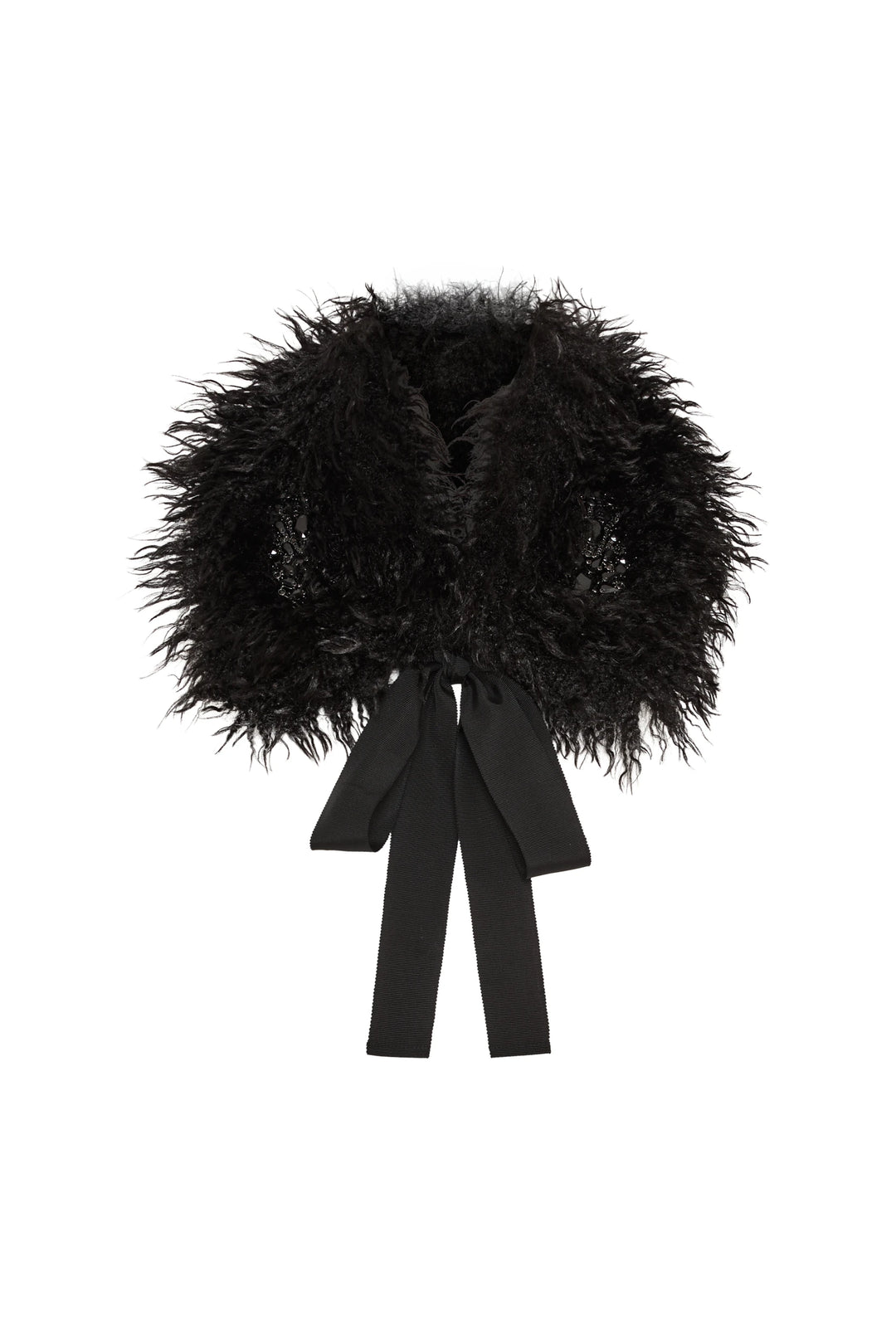 Faux fur collar with jewelry embellishments and black ribbon ties, plush construction, front view on white.