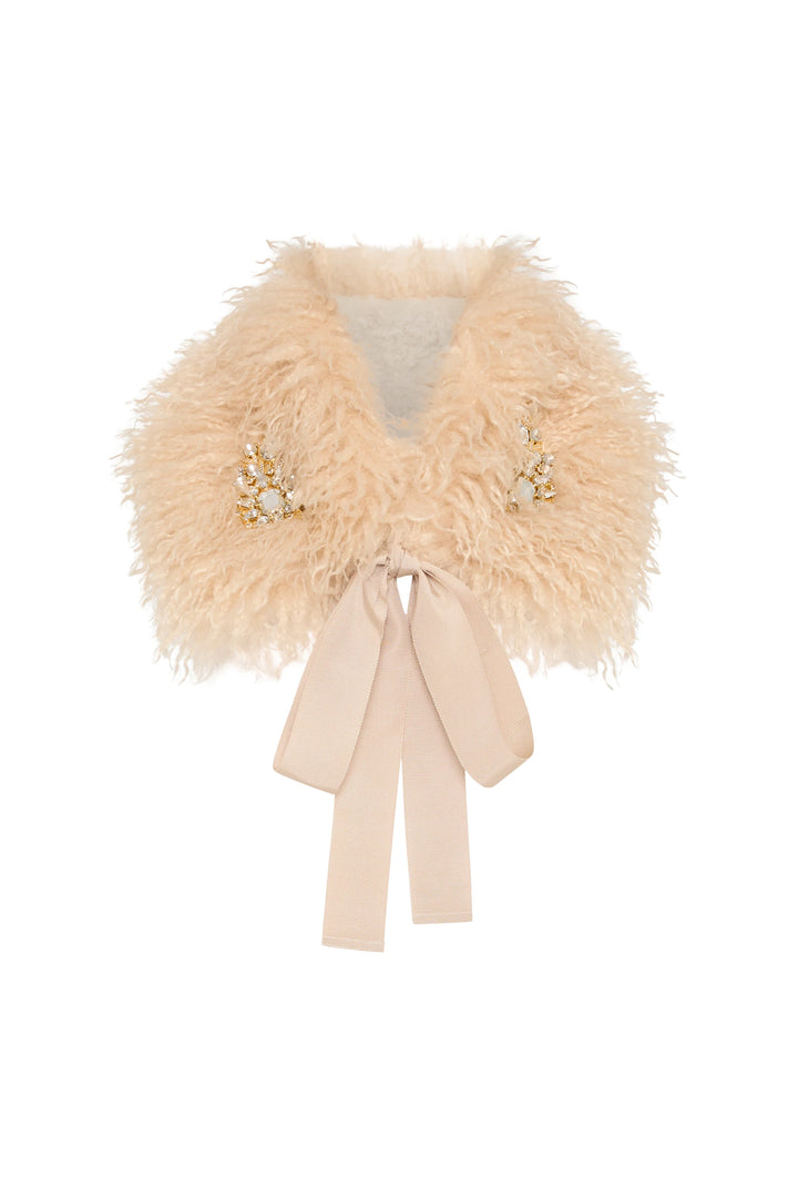 Beige faux fur collar with front bow, jeweled floral applique, structured silhouette; front view on white.