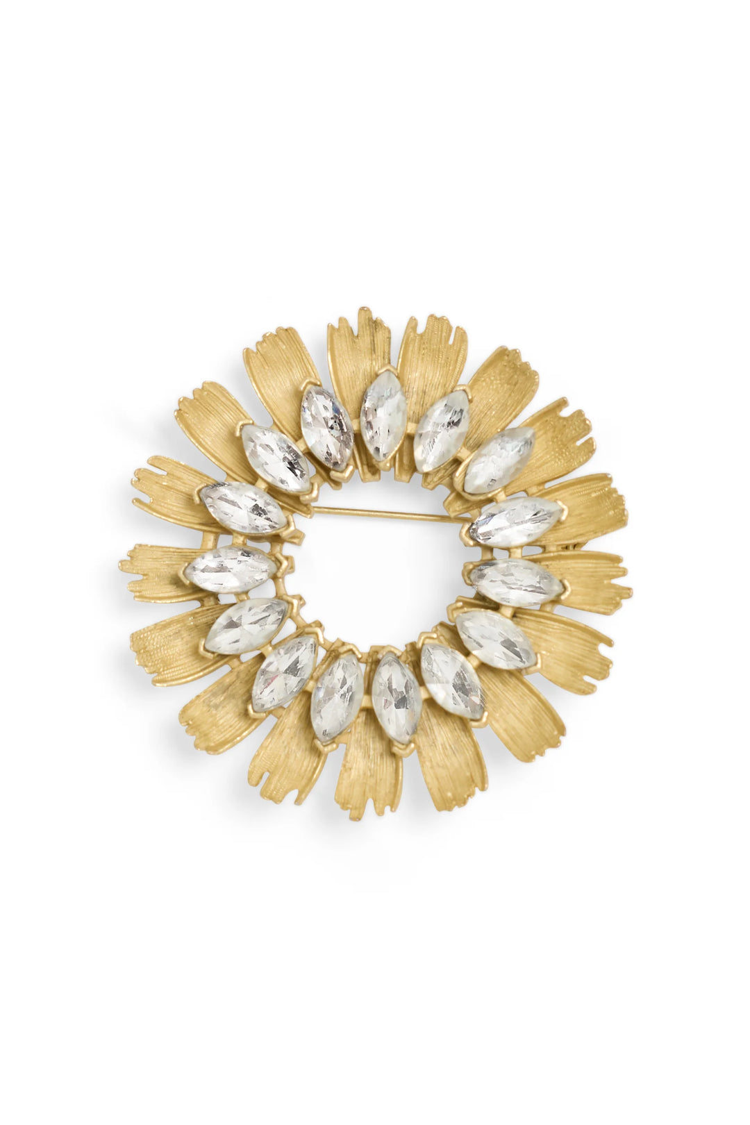 Gold sunflower brooch with textured petals, oval clear gems in a circular pattern; front view on white.