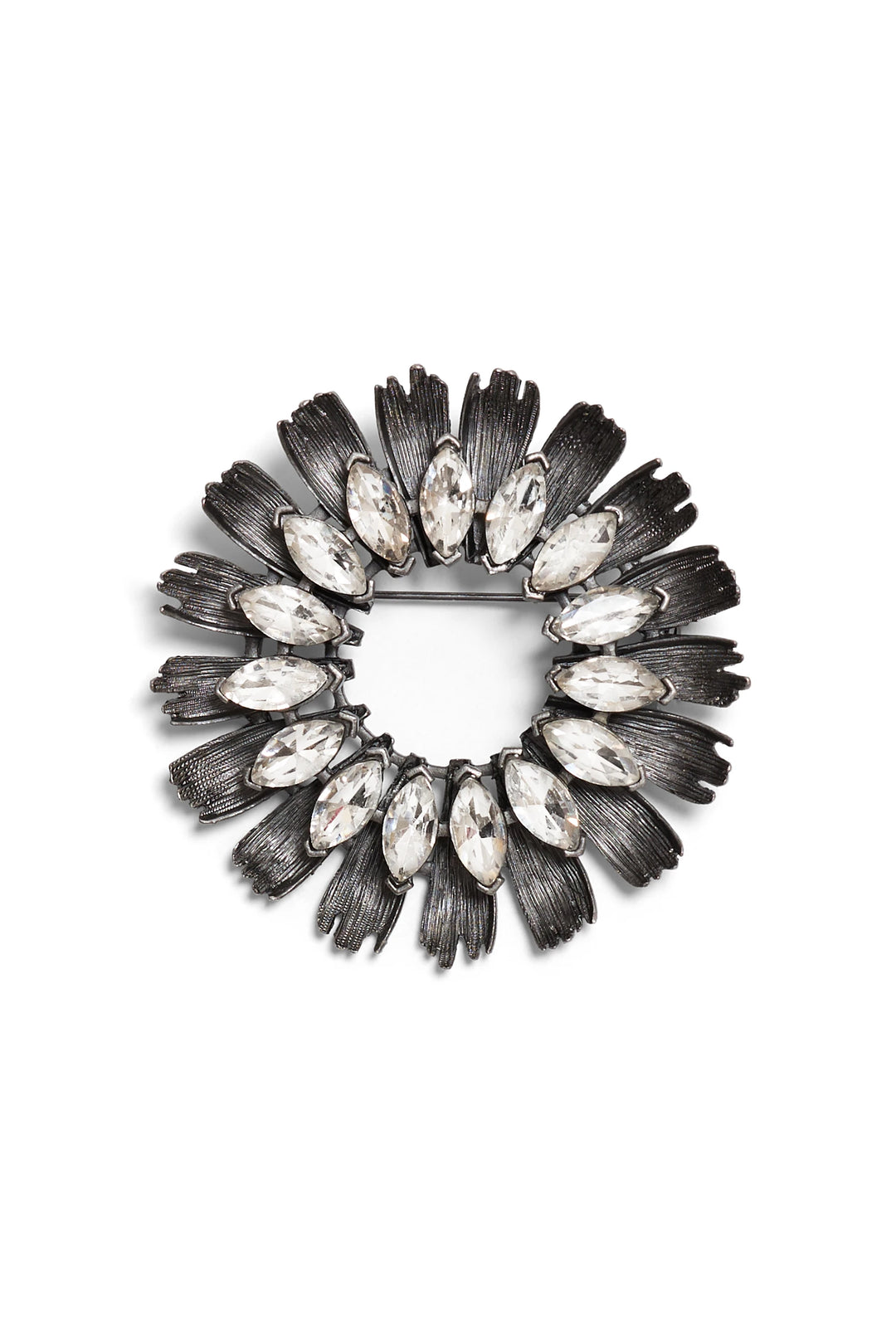 Oval brooch with silver-tone finish, sunflower-inspired floral design, clear marquise crystals, front view on white.