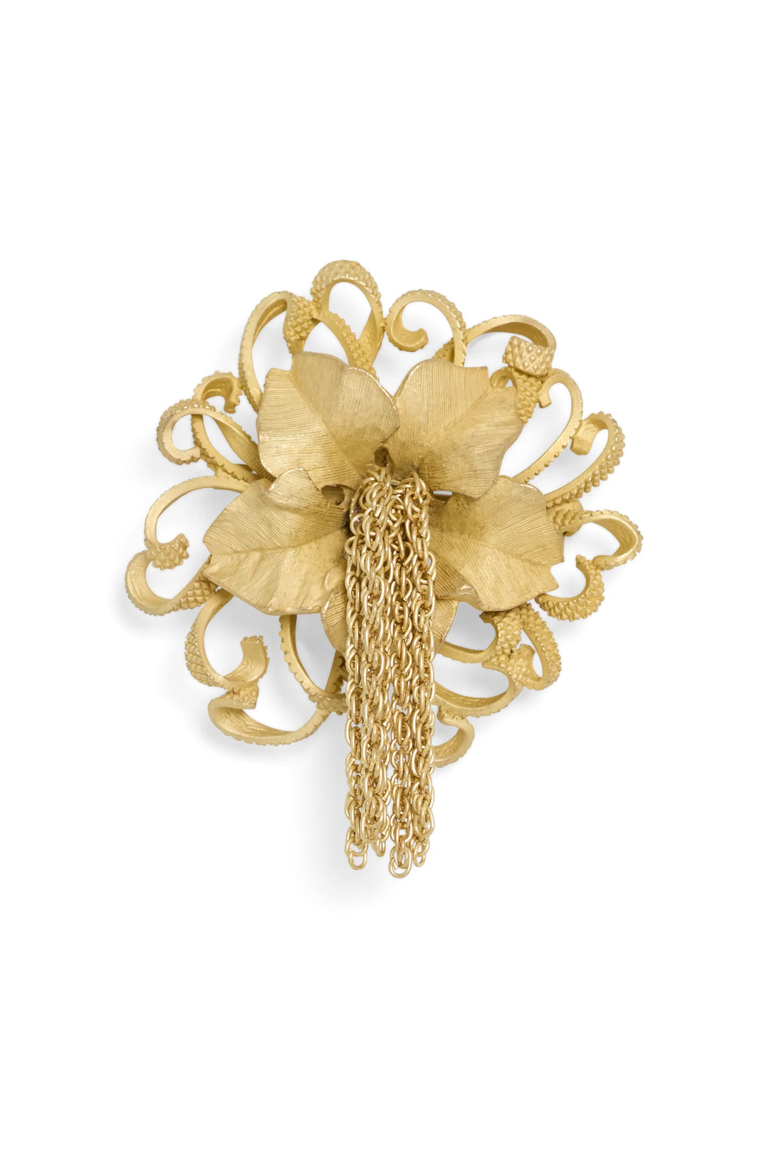 Elisa Brooch: 3D floral bouquet brooch with textured petals, ornate swirls, and chain fringe. Front view on white.