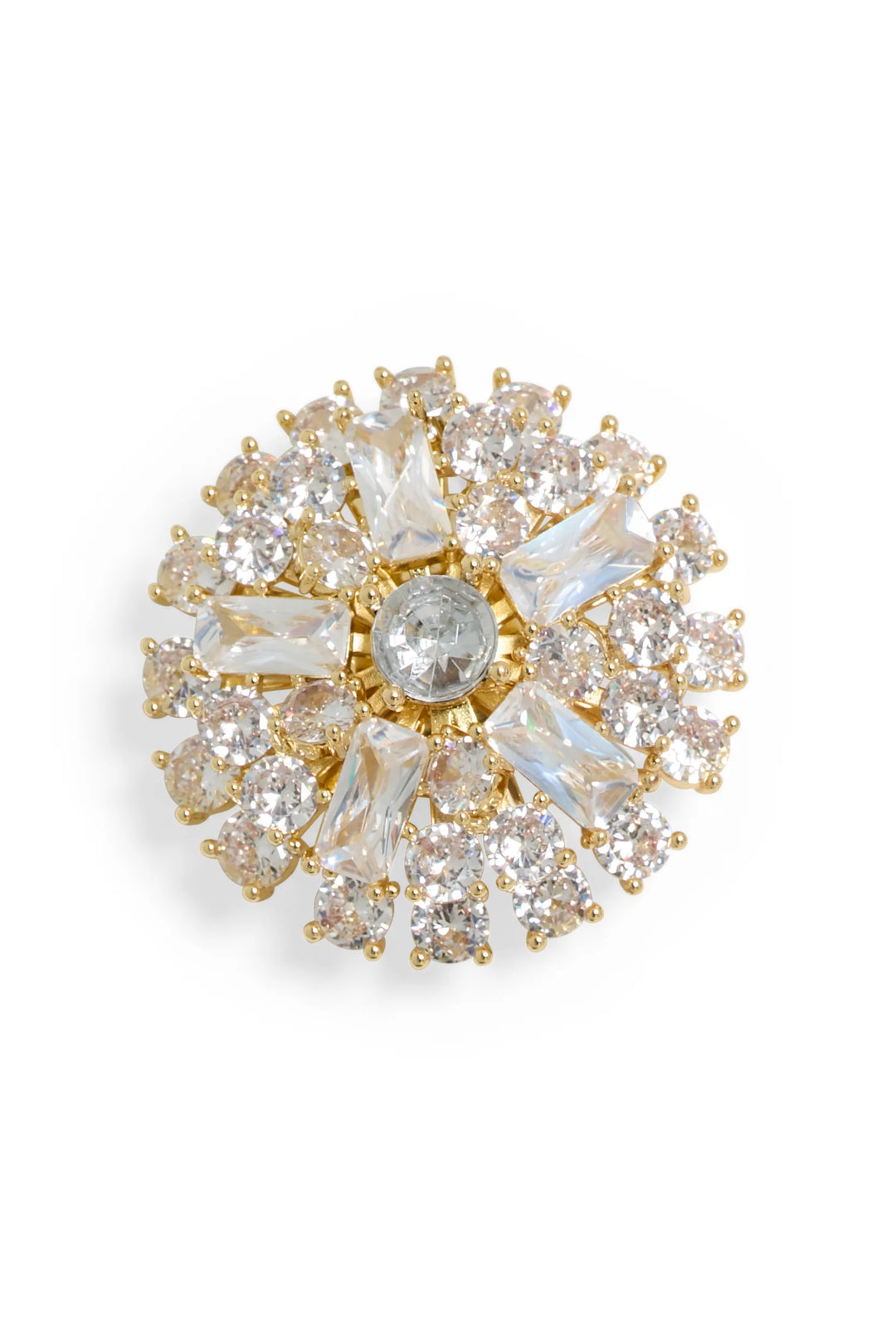 Olga Brooch: gold-tone brooch with faceted crystal petals, round center stone, intricate metalwork. Front view on white.