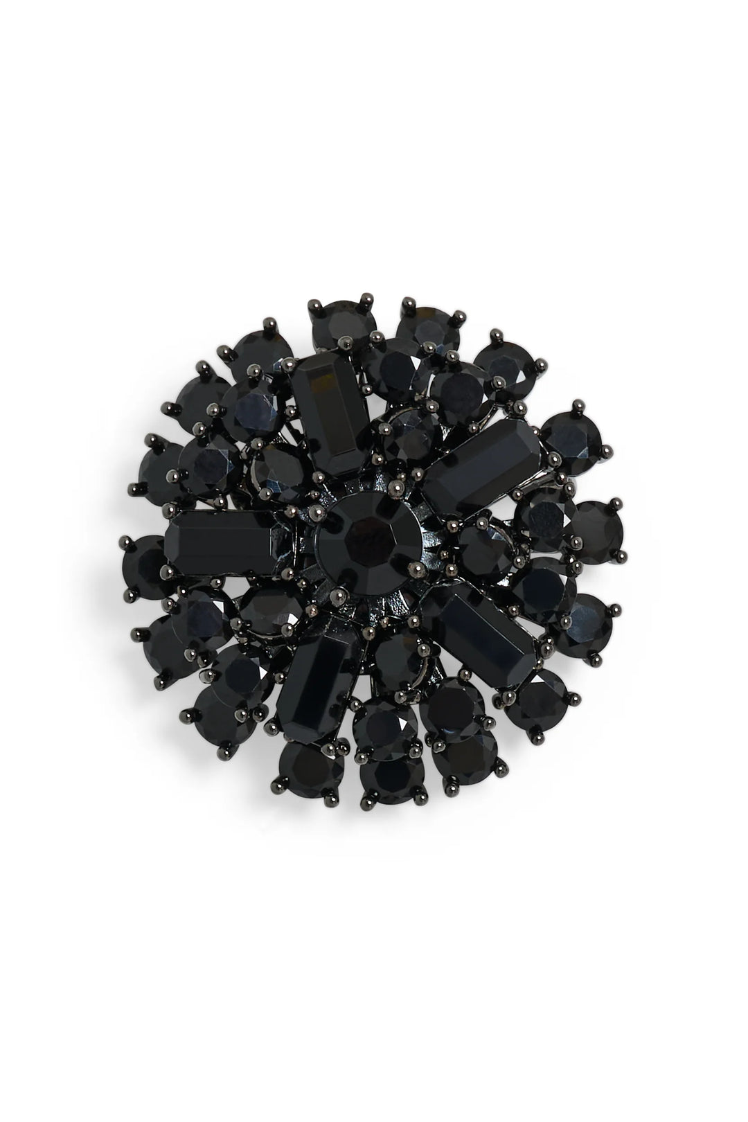 Brooch with clustered crystals set on dark metal, featuring intricate embellishment; front view on white.