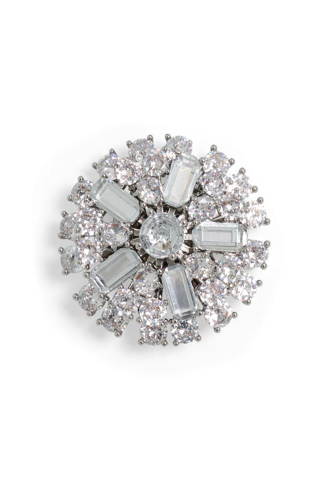 Round silver brooch with large center gem, clear crystal accents; detailed metalwork, front view on white.