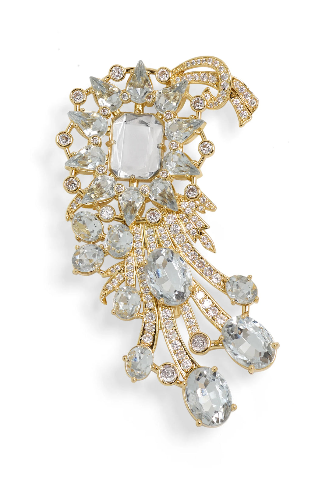 Claude Brooch: sculptural crescent silhouette with crystal and clear gemstone embellishments. Front view on white.