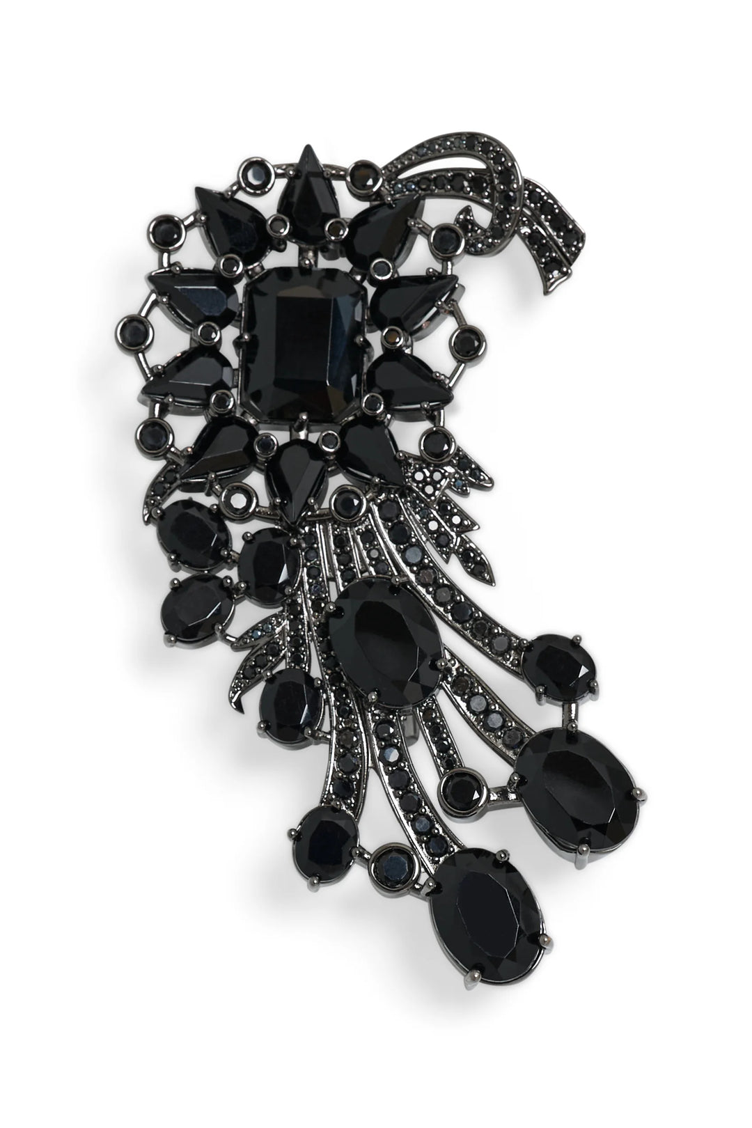 Sculptural crescent brooch with black stones on silver metal base, polished finish. Front view on white.