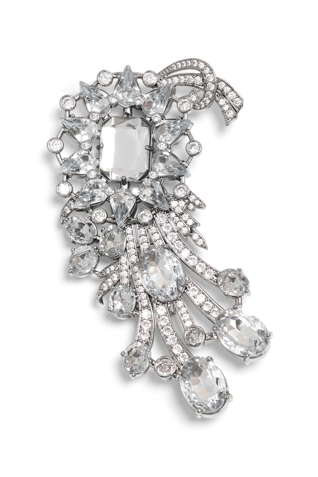 Helen Brooch: Sculptural silver brooch with oval and round stones in cascading rows, front view on white.