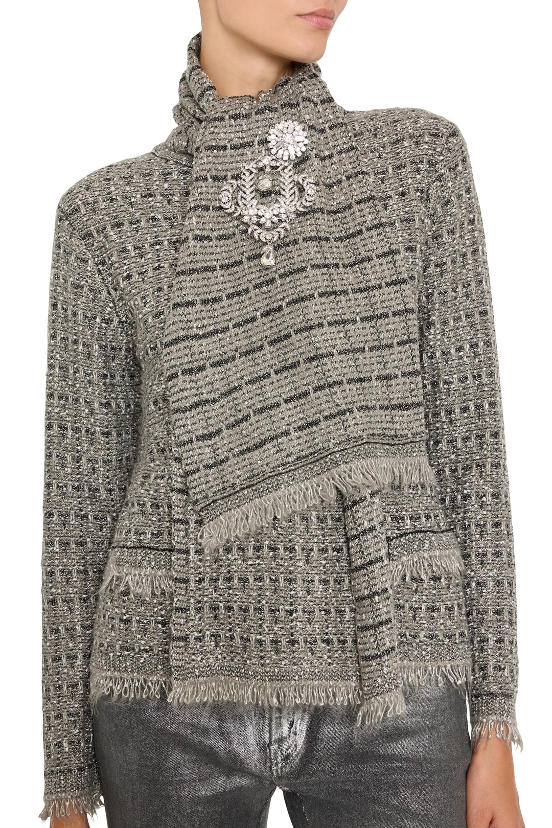 Textured gray sweater with relaxed silhouette, ribbed hem and cuffs. Front view on model.