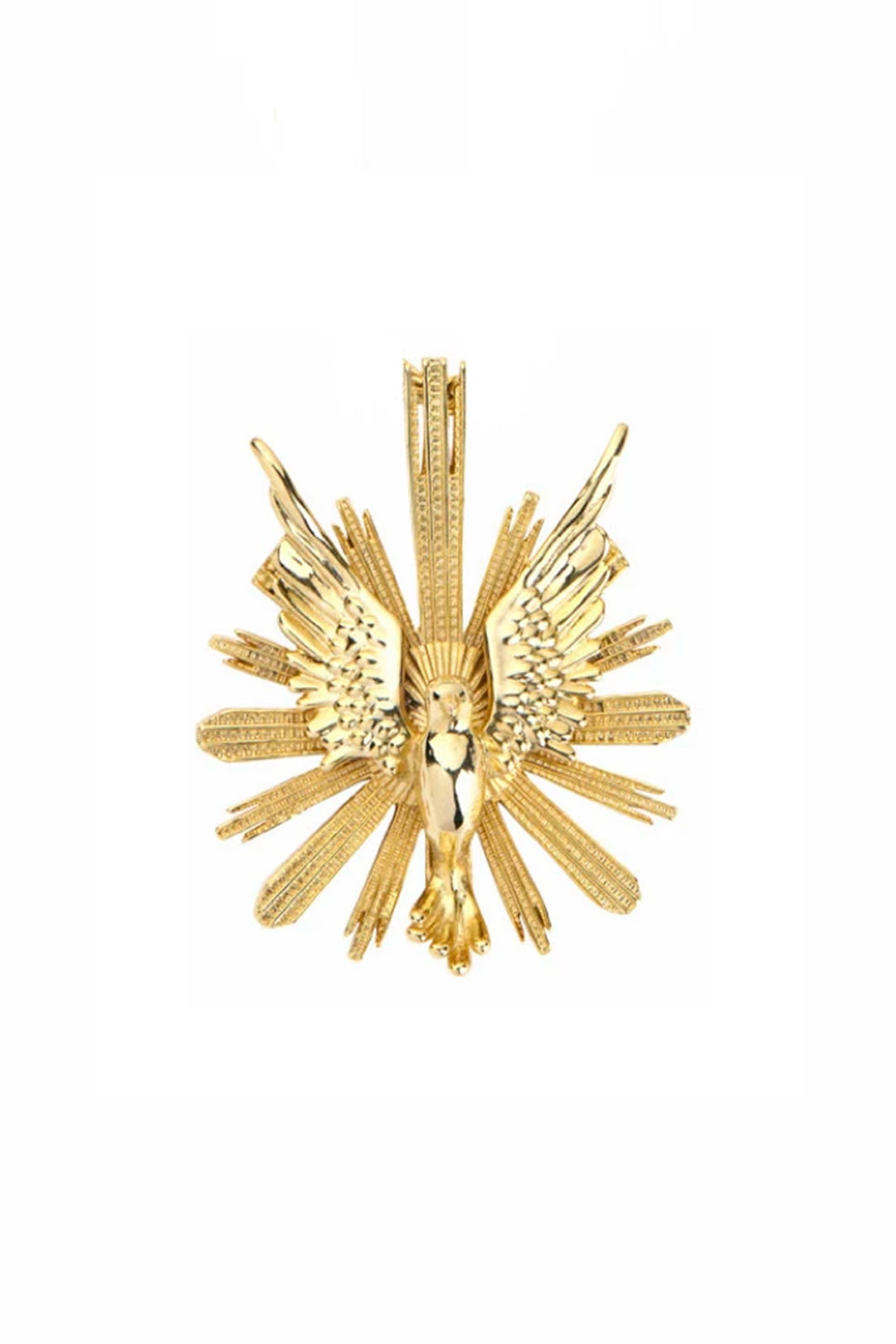 Gold brooch with eagle silhouette, spread wings, finely detailed feathers, radiating engraved lines; front view on white.