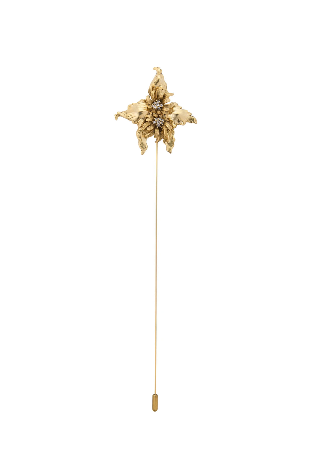 Gold stick pin with a star-shaped wildflower and small gemstone, metal construction, front view on white.
