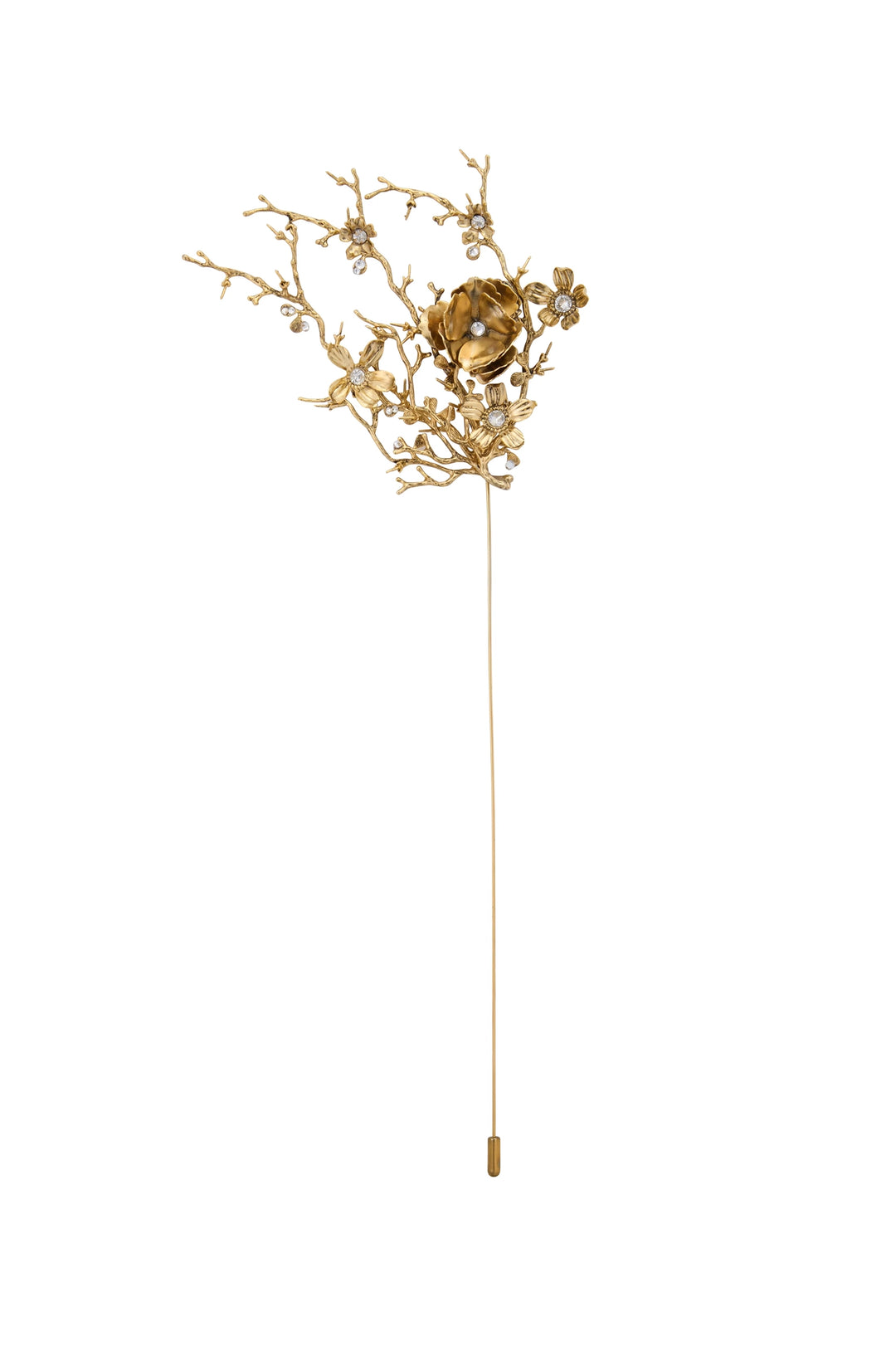 Gold floral hairpin with intricate metal branches and detailed embellishments, sculpted silhouette; front view on white.