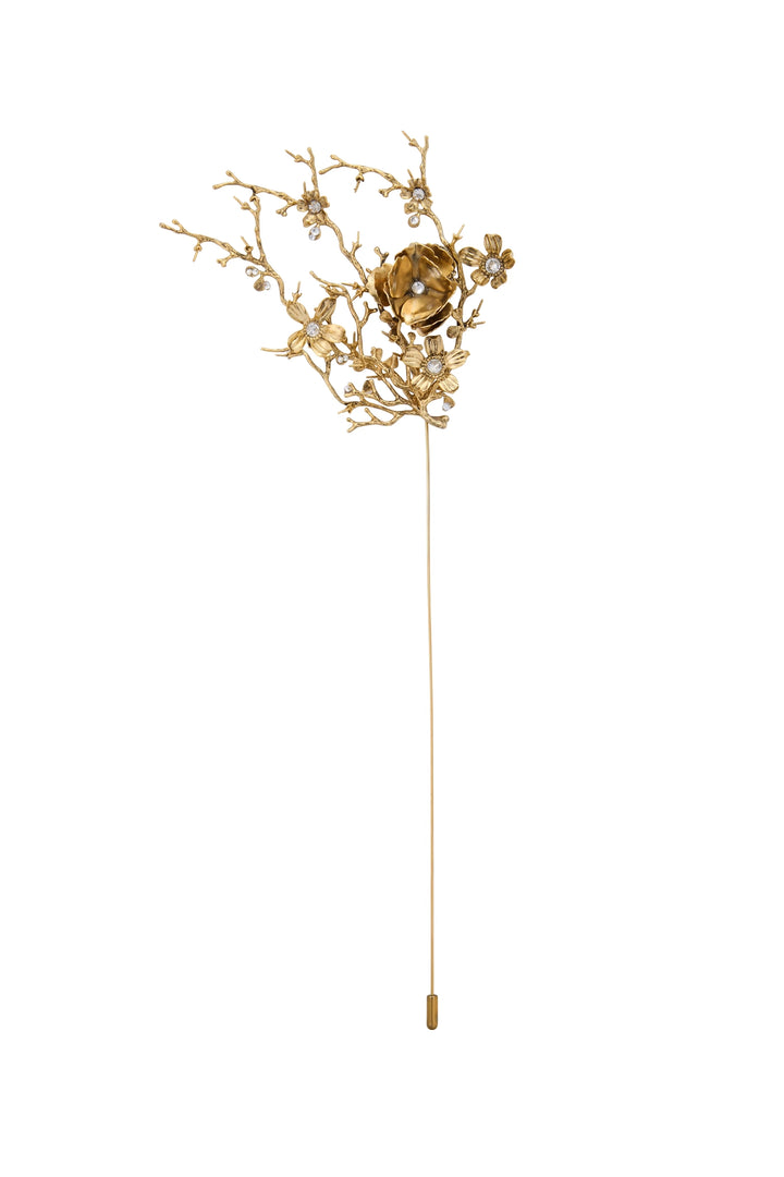 Gold floral hairpin with intricate metal branches and detailed embellishments, sculpted silhouette; front view on white.